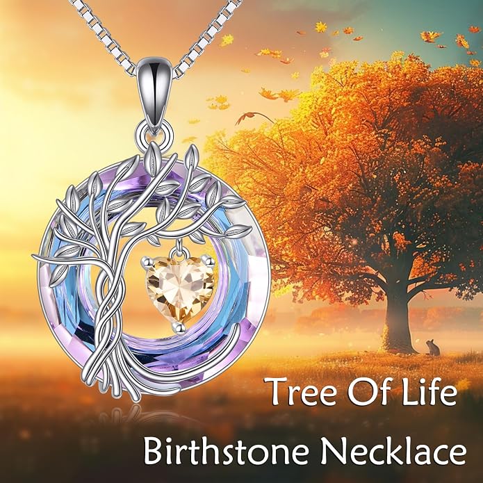 POPLYKE Mothers Day Gifts for Mom Her Wife Tree of Life Necklace 925 Sterling Silver Birthstone Pendant with Crystal Anniversary Birthday Wedding Jewelry for Women