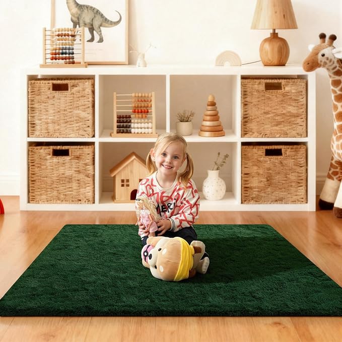 Dark Green Rugs for Bedroom, 4x6 Fluffy Area Rugs for Living Room, Small Fuzzy Shag Soft Non-Slip Carpet for Kids Girls and Boys Nursery Dorm Indoor Room Home Decor (4ft X 6ft, Dark Green)