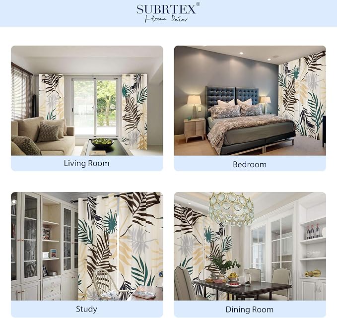 SUBRTEX Boho Leaf Printed Curtains 95 inch Long 2 Panels, Room Darkening Vibrant Floral Drapes, 50% Blackout Light Flitering, Semi Sheer Farmhouse Curtains for Living Room, 52Wx95L, Yellow Leaf