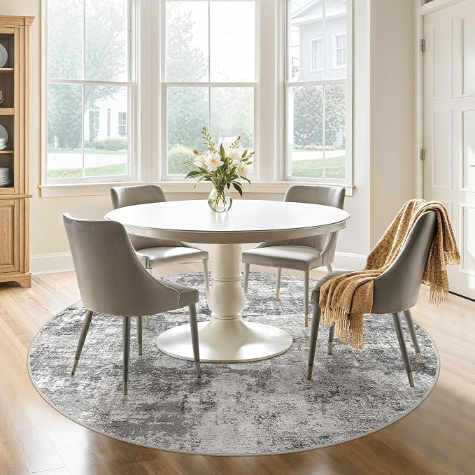 DMOYEST 6ft Round Area Rug for Living Room - 6x6 Washable & Non Slip Circle Rug, Kid & Pet Friendly Soft Low Pile Abstract Carpet for Bedroom and Dining Room - Grey