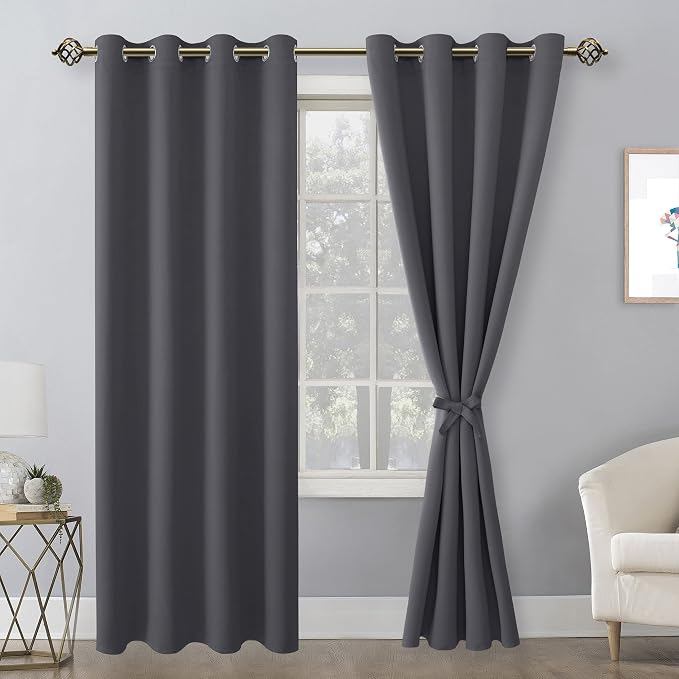 Hiasan Blackout Curtains for Bedroom, 52 x 84 Inches Long - Thermal Insulated & Light Blocking Window Curtains for Living Room, 2 Drape Panels Sewn with Tiebacks, Dark Grey