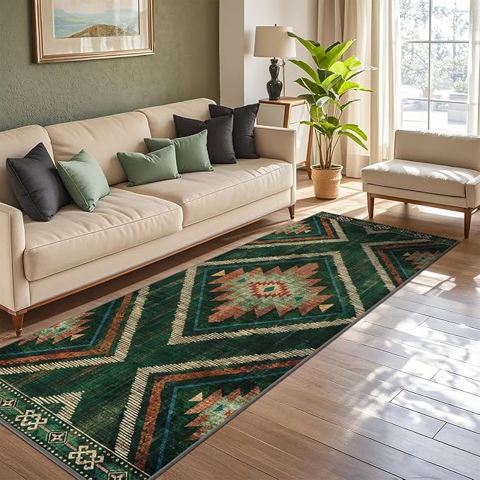 Boho 2.6x8ft Runner Rugs for Hallway Kitchen Non Slip, Long Green Geometric Washable Entryway Rug Runners Low Pile, Soft Vintage Indoor Floor Carpet for Doorway Bedroom Farmhouse Home Decor