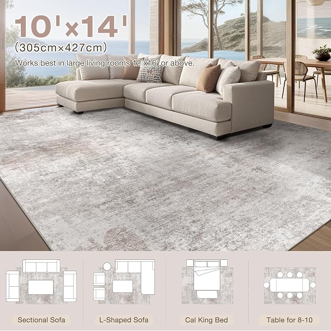 Abstract 10x14 Area Rug: Machine Washable Non Slip Ultra Thin Low-Pile Carpet, Soft Stain Resistant for Living Dining Room Bedroom, Kid Pet Friendly, Robot Vacuum Compatible - Brown Grey