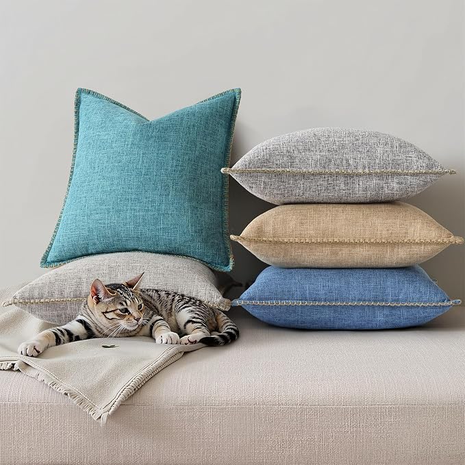 decorUhome Teal Faux Linen Outdoor Throw Pillow Covers 12x20 Set of 2 | Fall Decorative Textured Neutral Modern Farmhouse Pillow Covers with Stitched Edge for Couch Sofa Bed Living Room