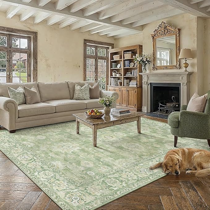 9x12 Green Area Rug for Living Room Bedroom Neutral Floral Soft Non Slip Rug Low Pile Distressed Large Carpet for Dining Room Nursery Office Indoor