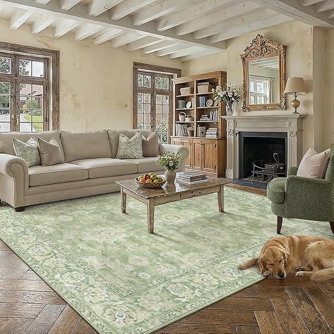 8x10 Green Washable Area Rug for Living Room Bedroom Neutral Floral Soft Non Slip Rug Low Pile Distressed Carpet for Dining Room Nursery Office Indoor