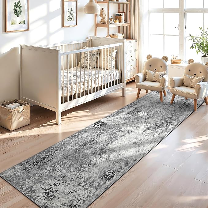 2x12 Grey Rug Runners for Hallways Kitchen Runner Rug Non Slip Washable Black Long Runner Rugs with Rubber Backing Soft Abstract Carpet Runner for Bedroom, Kitchen, Bathroom, Entryway