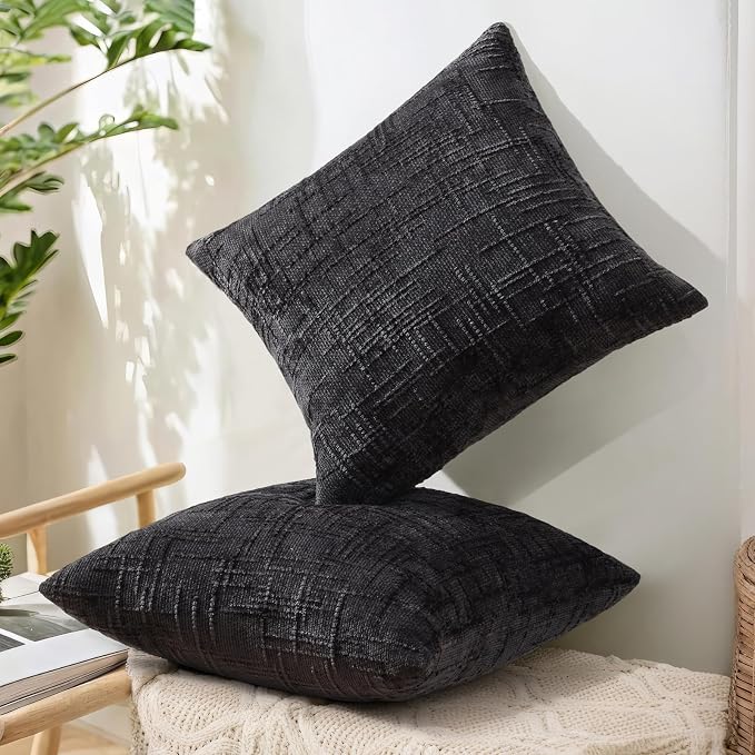 decorUhome Textured Chenille Throw Pillow Covers 18x18 Set of 2 Black | Fall Modern Farmhouse Soft Cozy Slubby Couch Pillow Cases Boho Decorative Pillow Cases for Bed Sofa Living Room Home Decor
