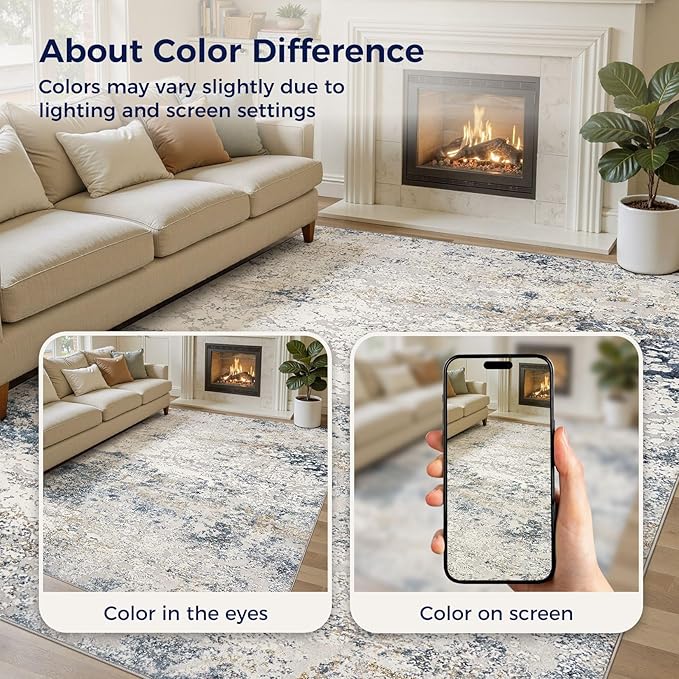 DMOYEST Area Rug Living Room Rugs - 7x9 Large Soft Indoor Neutral Modern Abstract Low Pile Washable Rug Carpet for Bedroom Dining Room Farmhouse Home Office - Beige Blue