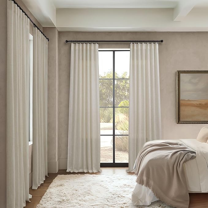 Pitalk Flax Linen Curtains 92 Inch Length 2 Panels for Living Room Dining Back Tab Pocket Pinch Pleated Look Window Curtain Drape Rustic Farmhouse Decor Beige Sheer Curtain for Bedroom 52 x 92 Long