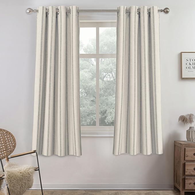 DriftAway Farmhouse Linen Stripe Blackout Curtains, W52xL63, Gray | Blackout, Linen Texture, Stripe Pattern, Rod Pocket & Back Tab, Two Layers, Bedroom Living Room Use, Sound Reducing Design