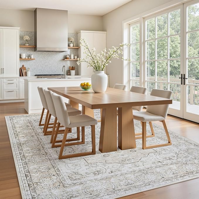 6x9 Area Rugs for Living Room:Beige Washable Vintage Medallion Carpet Non-Slip Soft Low Pile Large Rugs Indoor Retro Rug for Bedroom Nursery Dining Table Office Home(Beige White, 6'x9')