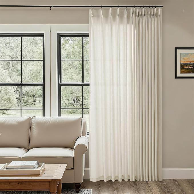 Extra Wide Pinch Pleated Linen Curtains 102 Inch Length 100 Wide | Light Filtering Semi Sheer, Window Drape, Hooks Rings, Back Tab, for Living Room Patio Glass Sliding Door, 102 Inches Long