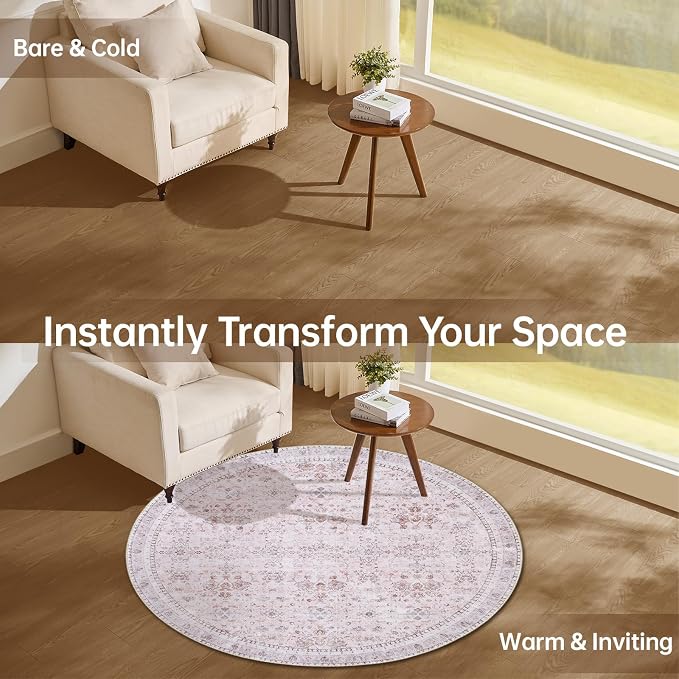 Sasttie Round Rug 4ft, Ultra-Soft Washable Circle Rug, Low Pile Foldable Thin Carpets with Non-Slip Backing, Skin-Friendly Stain Resistant Carpet for Living Room, Bedroom, Kitchen, Dorm, 4ft, Pink
