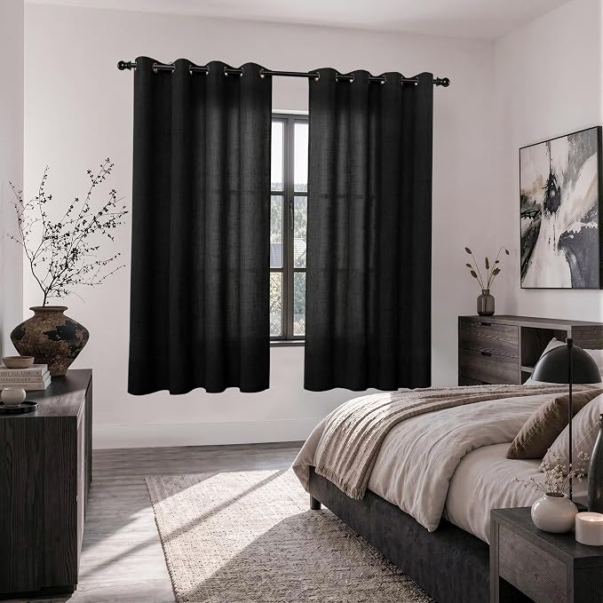 YoungsTex Black Linen Semi Sheer Curtains 63 Inch Length 2 Panels | Bronze Grommet Drapes Light Filtering for Bedroom Living Room Gothic Decorative, 52 X 63 Inch