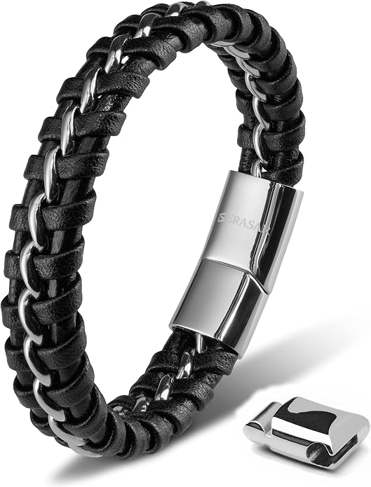 SERASAR Premium Leather Bracelet Men | Stainless Steel Magnetic Clasp | Three Colors | Jewelry Box Included