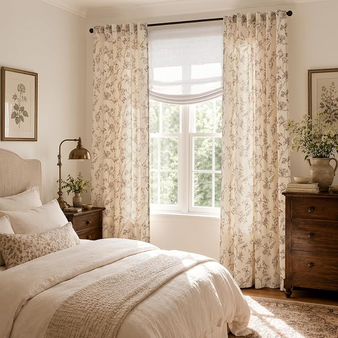 Lazzzy Charlotte Farmhouse Linen Curtains Taupe Floral Curtains 108 Inch Length Extra Long Drapes for Living Room Bedroom Light Filtering Country Vintage Rod Pocket Curtain, 2 Panels, Taupe on Beige