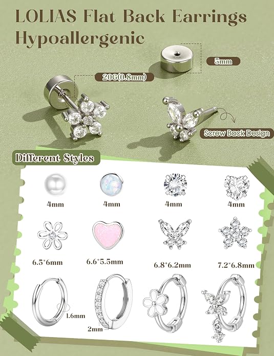 LOLIAS Hypoallergenic Flat Back Earrings for Women Girls-Cute Toddler Kids Teen Girls Earring Set-Surgical Steel Earrings for Sensitive Ears-14K Gold Plated Stainless Steel Flatback Studs Screw Back Small Hoop Cartilage Earring Stacks