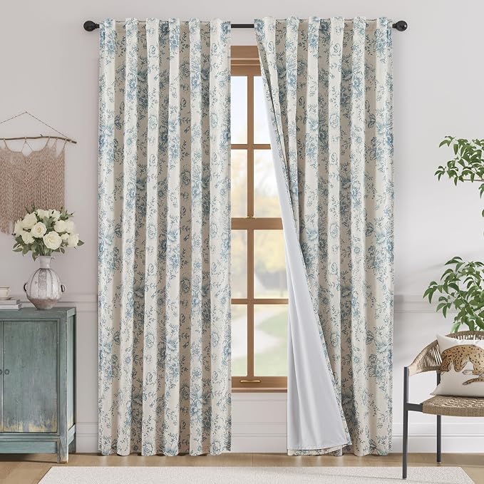jinchan Blue Floral Linen Blackout Curtains Lined 90 Inch Back Tab 2 Panels | Blackout lining, room darkening drapes, farmhouse, vintage, cottagecore, rustic, bedroom, living room, window treatment