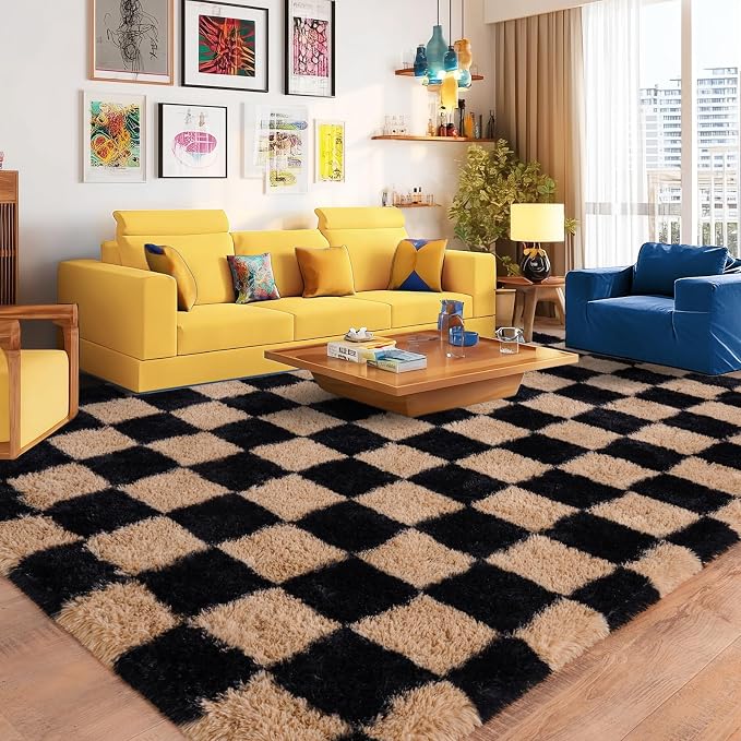 Pionblank Checkered Rug for Living Room, Modern Soft Shag 6x9 Area Rugs, Plush Fuzzy Carpet for Bedroom Girls Boys Room Home Nursery Teens Dorm Decor, Black and Beige
