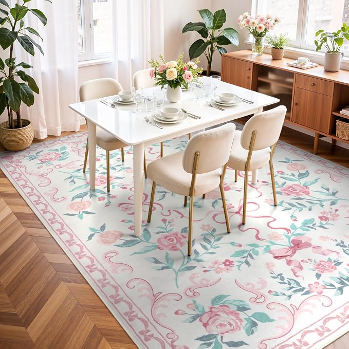 Collive 6x9 Pink Area Rug, Boho Bow and Floral Rugs for Living Room Machine Washable, Soft Ultra-Thin Bow Carpet Non Slip for Girls Room Bedroom Entryway Playroom