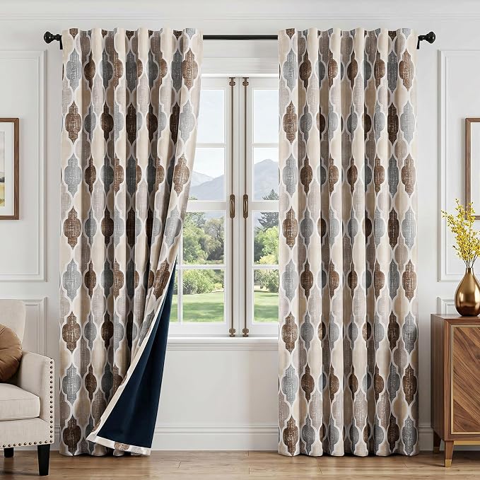 Beauoop Moroccan 100% Blackout Curtains Bedroom Brown Grey 50x63 2 Panels | Geometric Room Darkening Drapes for Living Room 84 Inch Long Thermal Insulated Soundproof Lattice Window Treatment Rod Pocket