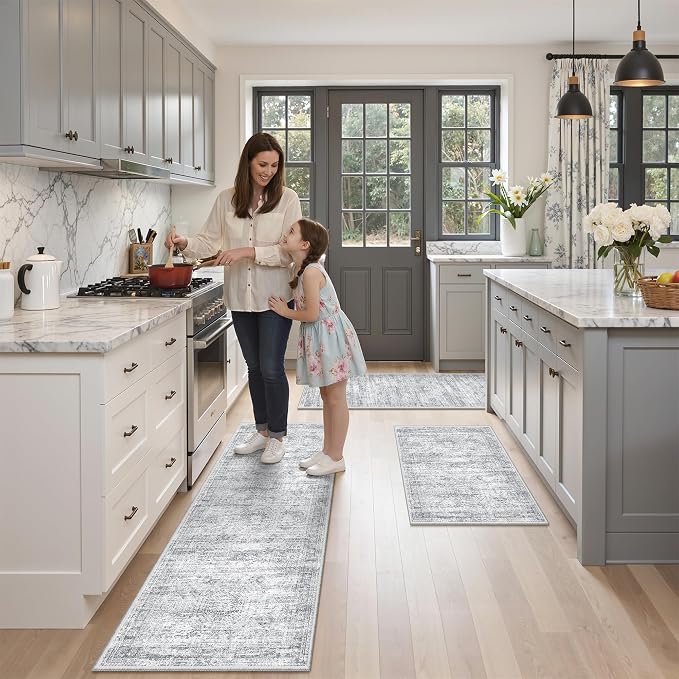 Kitchen Rugs Sets of 3, 2x3 2x4 2x5 Rug Runner,Grey | 3 Piece Washable Rug for Hallway,Entryway,Bedroom,Dining Room,Thin,Soft Runner Rug,Stain Resistant Indoor Carpet,Non Slip