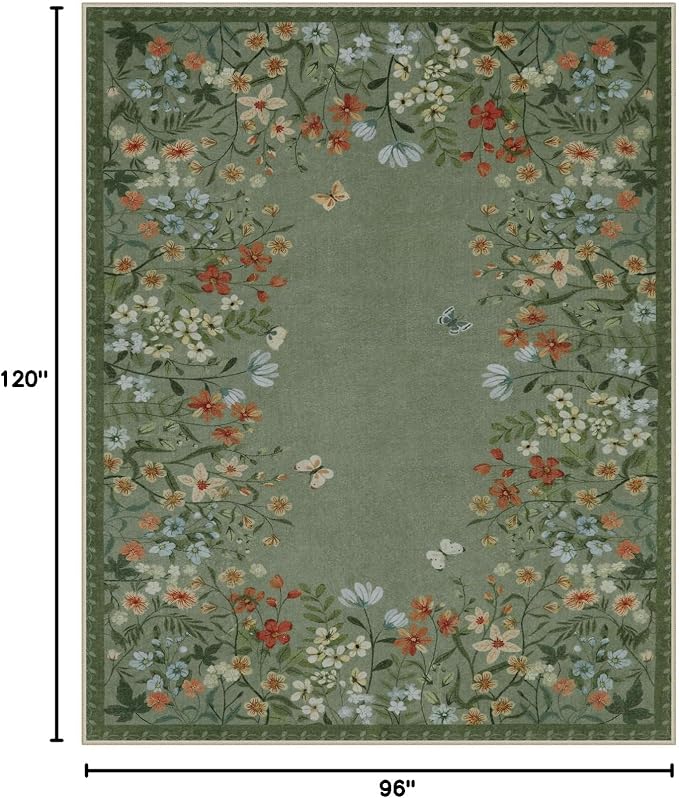Wonnitar 8x10 Washable Area Rug, Green Floral Rug for Living Room, Boho Botanical Large Carpet for Bedroom, Non Slip Soft Nursery Rug, Cottagecore Dining Room Decor (8x10 Green)