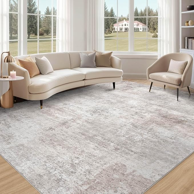 Abstract 5x7 Area Rug: Machine Washable Non Slip Ultra Thin Low-Pile Carpet, Soft Stain Resistant for Living Room Bedroom Nursery, Kid Pet Friendly, Robot Vacuum Compatible - Brown Grey