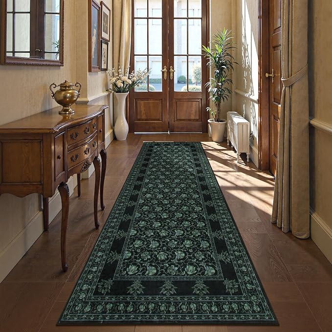 Lahome Black Kitchen Runner 2.5x8, Machine Washable Runners for Hallways, Vintage Floral Carpet Runners for Bedroom Laundry Room High Traffic (2'6"x8', Black/Green)