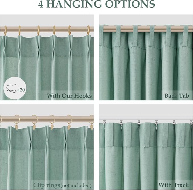 Aersas Aqua Green Pinch Pleated Linen Curtains 96 Inch Length 2 Panels for Living Room Bedroom Semi Sheer Window Curtain Boho Neutral Back Tab Pinch Pleat Drape with Hooks 40x96