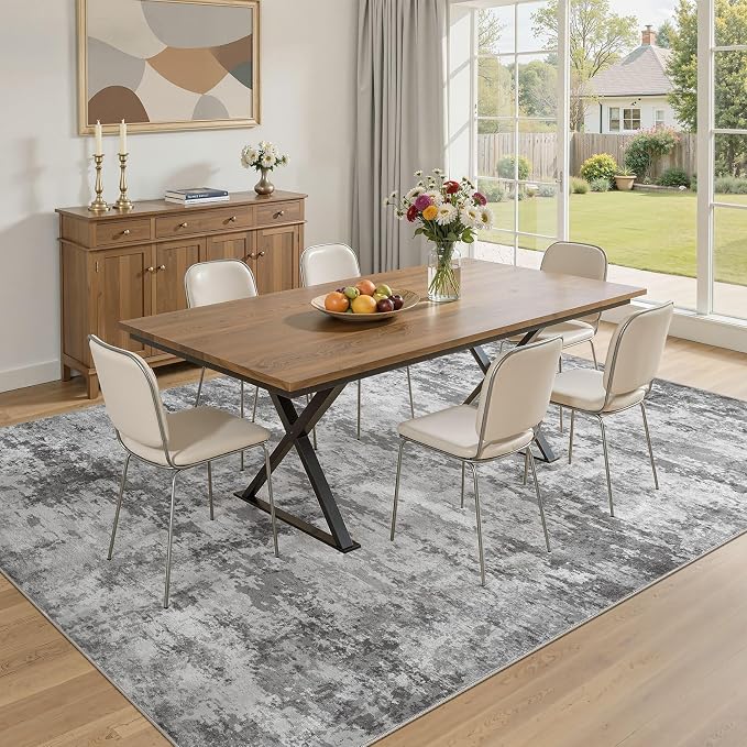 10x12 Large Area Rugs for Living Room, Washable Soft High-Low Pile | Neutral Modern Abstract Carpet, Non Slip Lightweight Made for Dining Room, Nursery, Home Office Indoor Decor - Dark Gray