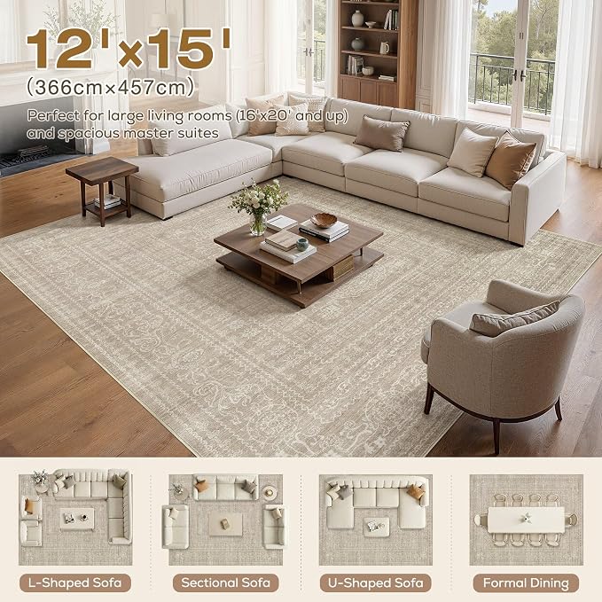 Nakagishi 12x15 Area Rugs Living Room: Washable Large Vintage Rug Neutral Non-Slip Soft Stain Resistant Indoor Carpet for Bedroom Nursery Dining Room Office Playroom - Brown
