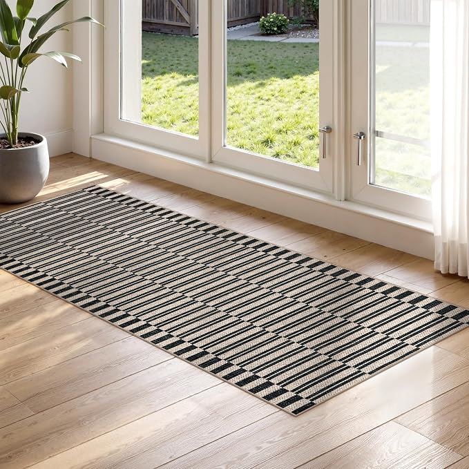 Lahome Striped Easy Jute Kitchen Runner Rug, 2x6 Washable Rugs for Entryway | Indoor Outdoor Non Slip Black Runners for Hallways, Modern Farmhouse Non Shedding Carpet for Laundry Room Front Porch Entry