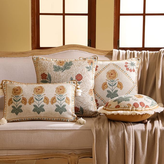 patdrea French Vintage Linen Throw Pillow Cover,Set of 4-RosaSilvestre | Decorative Pillow Case with Zipper,Yellow Floral Pattern,Cushion Coverfor Couch Living Room Bedroom Sofa