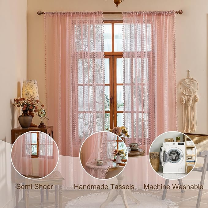 Sutuo Home Boho Curtains 2 Panels for Nursery Kid's Room,Sheer Lace Curtains Crochet Vintage Chic Tassels Farmhouse Bohemian Drape Privacy Window Treatments Rustic Rod Pocket, 50" x 63" Light Pink