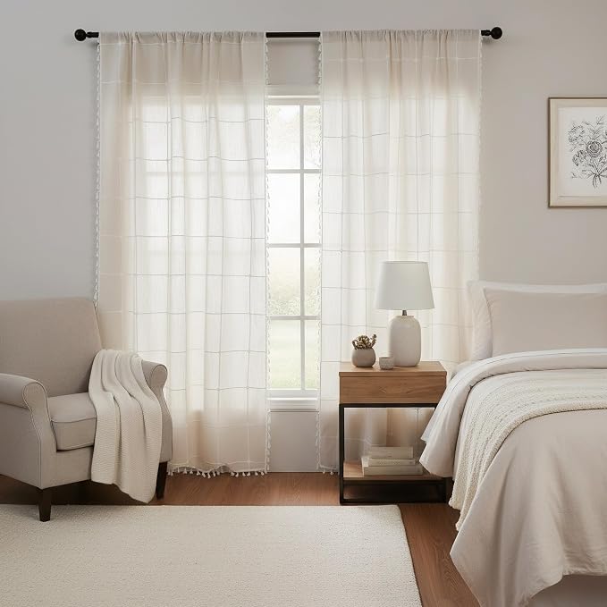 ColorBird Beige Plaid Curtains 84 Inches Long, White Embroidered Gingham Boho Farmhouse Curtains & Drapes for Living Room, Linen Texture Light Filtering Window Treatment for Dining Bedroom