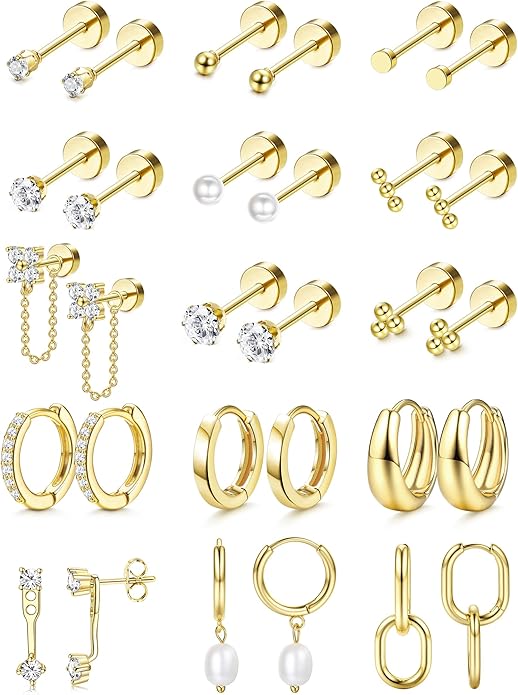 LOLIAS Flat Back Earrings for Women Hypoallergenic Surgical Steel Earrings for Sensitive Ears-20G Cartilage Earring Stacks 14K Gold Plated Hoops Flatback Stud Earring Sets for Multiple Piercing