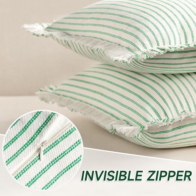 ZWJD Throw Pillow Covers 16x16 Set of 2 Green Striped Pillow Covers with Fringe Chic Cotton Decorative Pillows Square Cushion Covers for Sofa Couch Bed Living Room Farmhouse Spring Decor
