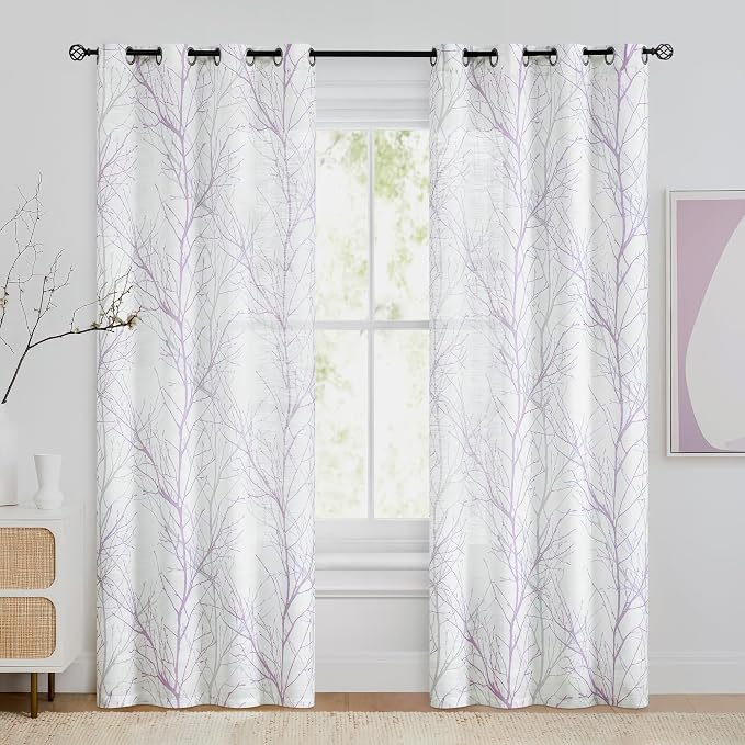 FMFUNCTEX Linen Lilac White Semi Sheer Print Curtains 84 Inch Long 2 Panels | Branch Sheer Patterned Drapes, Light Filtering Grommet Panels for Bedroom, Living Room, Basement, and Farmhouse Curtain