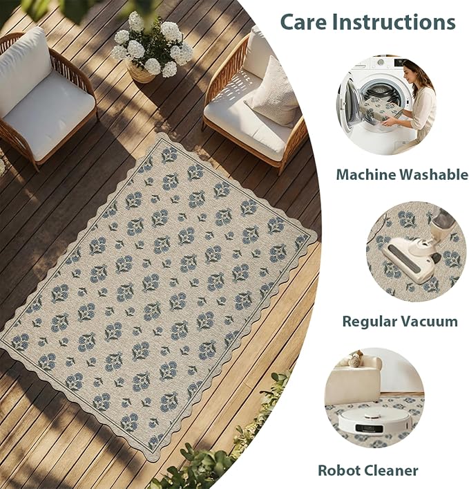 ORTIGIA Scalloped Easy Jute 5x7 Area Rug Vintage Blue Block Floral Farmhouse Washable Rug Non-Slip Indoor Outdoor Carpet for Living Room Bedroom Patio Entryway