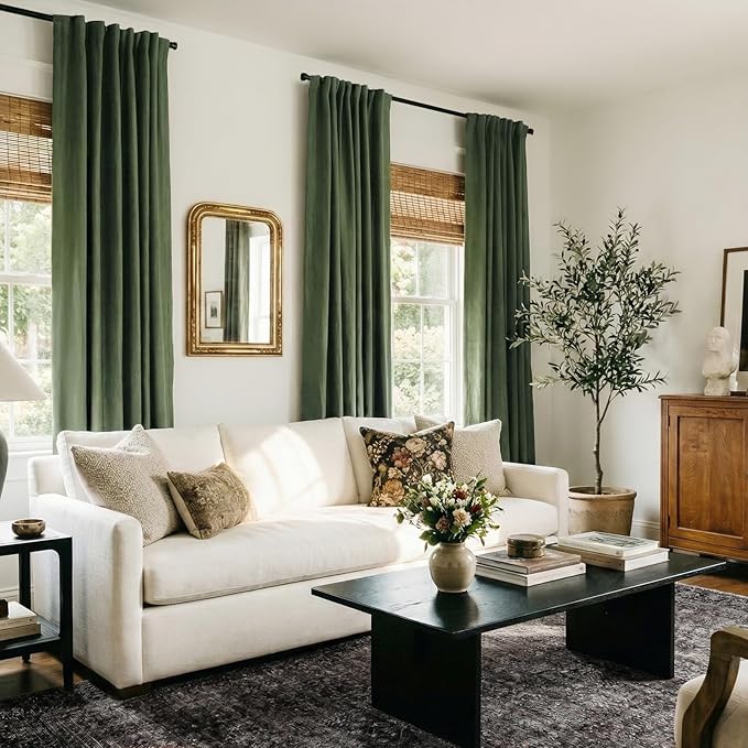 100% Blackout Shield Linen Blackout Curtains for Bedroom 102 Inches Long, Back Tab/Rod Pocket Living Room Drapes, Thermal Insulated Blackout Curtains 2 Panels Set, 50" W x 102" L, Moss Green