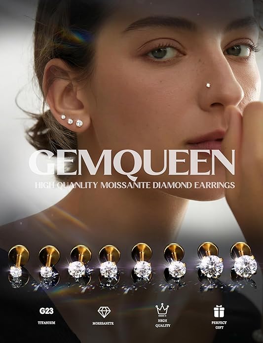 GEMQUEEN 8 PCS Moissanite ＆ Implant Grade G23 Titanium Nose Studs Flat Back Earrings Hypoallergenic : 14K Gold Plated Nose Rings 20G Push in Threadless Cartilage Helix Piercing Jewelry for Women Men