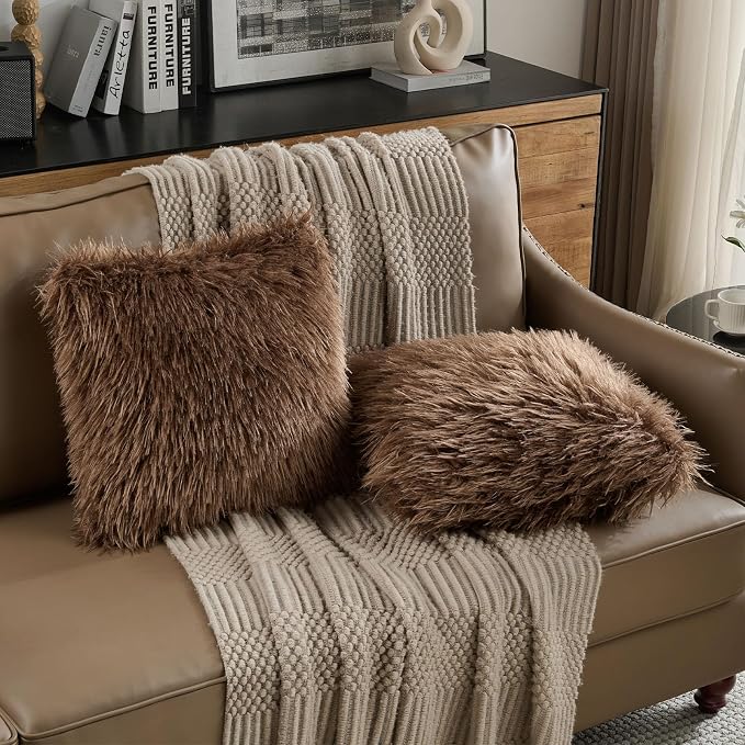 FUTEI Pack of 2 Shaggy Mongolian Faux Wool Throw Pillow Covers 18x18 Inch Soft Fluffy Farmhouse Decorative Cushion Case for Couch Bed Living Room, Dark Brown