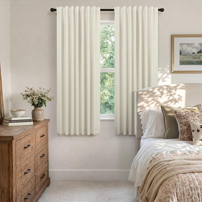 Black Out Burlap Curtains 63 Inch Long Faux Linen Farmhouse Bedroom Blackout Curtain 63 Inches Length 2 Panels Set Energy Saving Noise Reducing Nursery Drape for Bay Window Back Tab Pocket Cream Beige