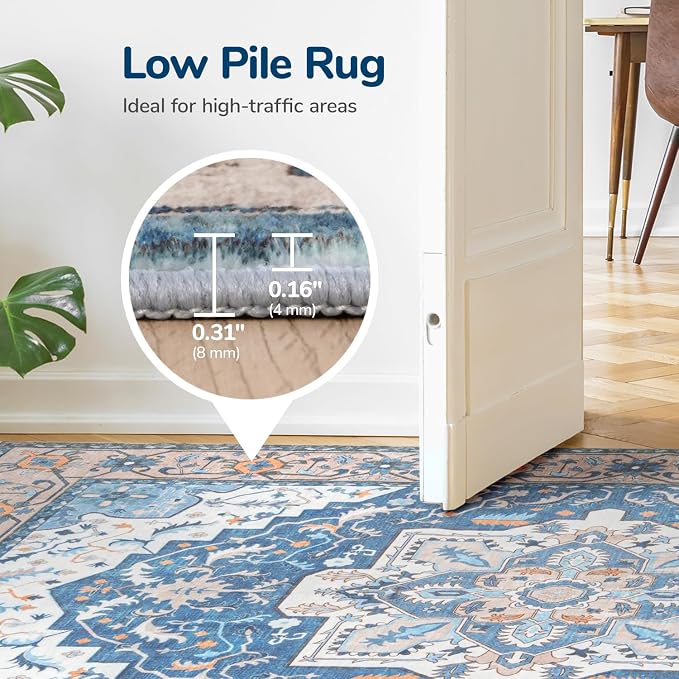 Lessymo 8 x 10 Area Rugs for Living Room- Machine Washable Area Rugs Boho Faux Wool Low Pile Area Rug for Bedroom Floral Medallion Vintage Rugs with Non-Slip Rubber, Kid & Pet Friendly, Blue Brown