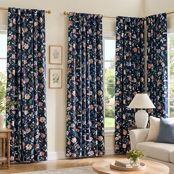 jinchan Dark Blue Floral Blackout Curtains 96 Inch Back Tab 2 Panels | Room darkening, light blocking, elegant vintage drapes, botanical floral print, bedroom, living room, window treatment