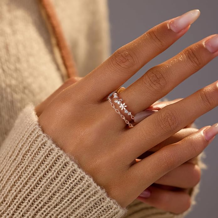 LOVECOM 925 Sterling Silver Butterfly Daisy Flower Rings for Women Mothers Self Love Ring for Myself Adjustable Gold Layered Colorful Opal Cubic Zirconia Stackable Ring Jewelry Gifts to Daughter