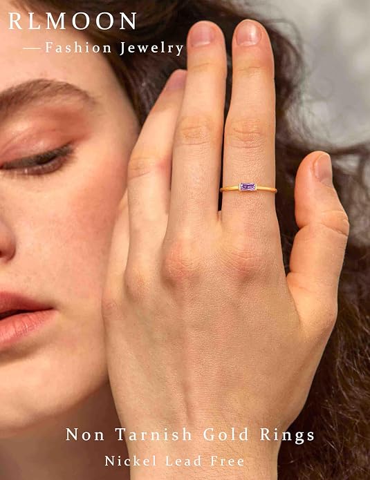 RLMOON Birthstone Rings for Women Non Tarnish Gold Stackable Rings Dainty 14K Gold/Silver Plated Baguette CZ Emerald Green Pinky Ring Personalized Jewelry Gift for Birthday Size 4-10