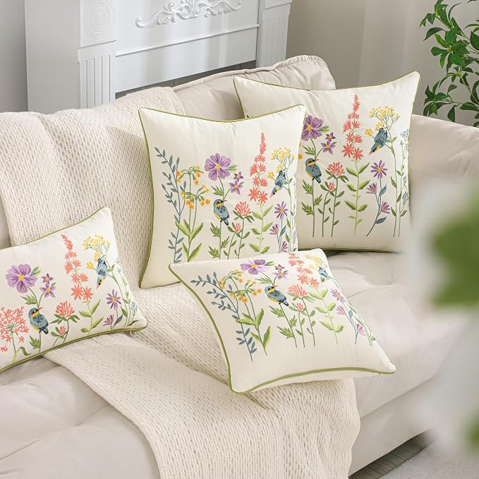 Embroidered Throw Pillow Covers 16 x 16 Set of 2 Vintage Birds with Flowers Pillow Cover Farmhouse Pillow Cushion Cases Summer Decorative Pillowcases Home Decor Square Floral Pillow Case
